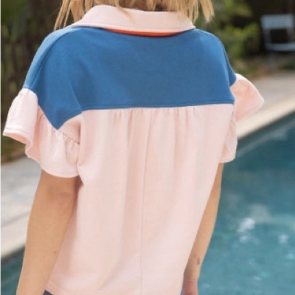Voy Color Block French Terry Ruffle Top size large - Picture 2 of 10
